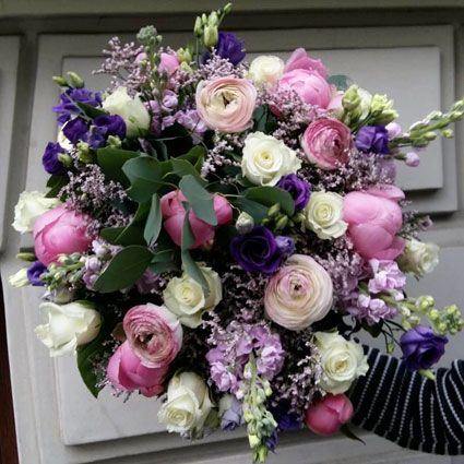 Flower delivery Latvia. Luxury seasonal flower bouquet of white roses, pink peonies, purple matthiola, blue lisianthus,