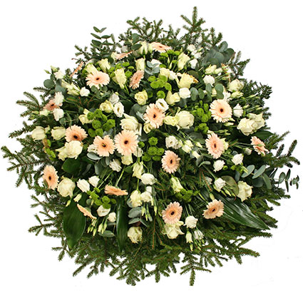 Flowers delivery. Funeral wreath with white roses, white lisianthus, ivory gerberas, green chrysanthemums