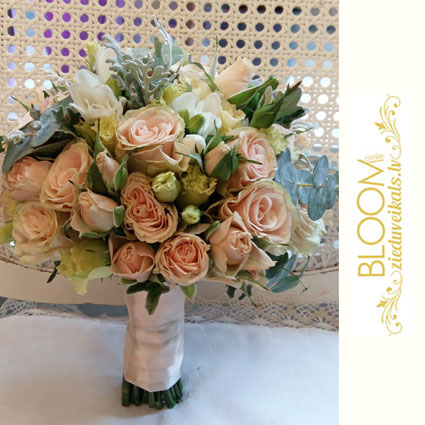 Flowers in Riga. Bridal bouquet in pastel colors with spray roses, freesias and lisianthus.

A wedding is a special event