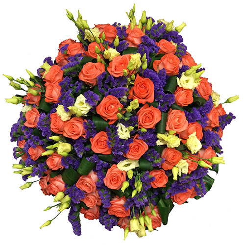 Flowers. Magnificent bouquet of peach-colored roses, white lisianthus, blue limonium and decorative foliage.