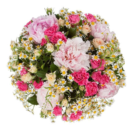 Flowers delivery. Peonies and roses in the summer bouquet.