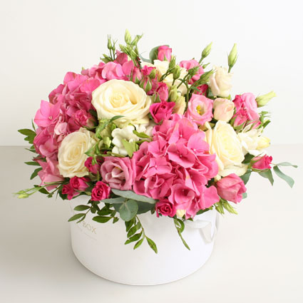 Flowers in Riga. Flower box with hydrangea and roses.