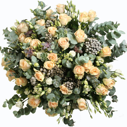 Flower delivery. Flower delivery in Riga. The delicate cream-colored roses stand out beautifully on a silver eucalyptus