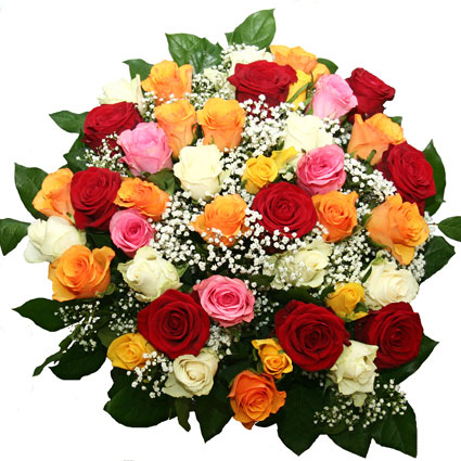 Flowers. Bouquet of red roses, orange roses, yellow roses, pink roses, white roses and decorative foliage