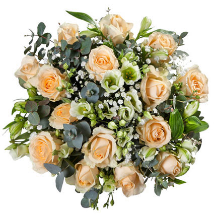 Flowers in Riga. Bouquet of cream roses, white alstroemerias, white lisianthus and decorative foliage.