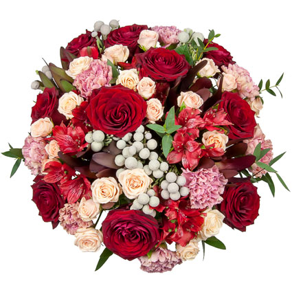 Flower delivery. We use traditional Christmas color accents to create a joyful and festive mood. Mixed bouquet