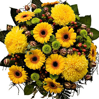 Flower delivery. Bouquet of yellow chrysanthemums, yellow gerberas, green chrysanthemums, decorative berries and decorative
