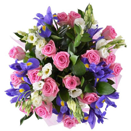 Flowers. Rich bouquet of pink roses, blue irises and white lisianthus.
The Flower variety is so expanded that the available